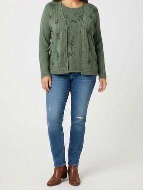 Koret Green Embroidered V-Neck Cardigan with matching top